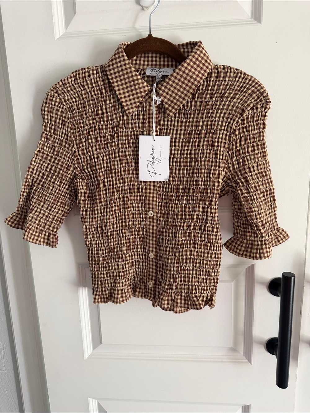 Puff-Sleeve Gingham Button-Up in Brown and Cream medium - Picture 1 of 5